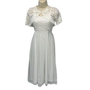 Biscotti White Lace and Tulle Girls Midi Dress Short Sleeve Bolero - size 12